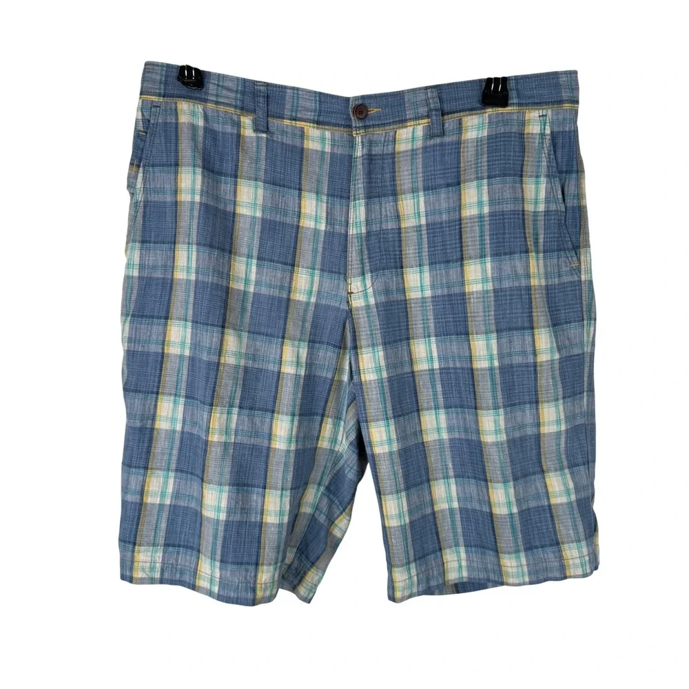 Tommy Bahama Mens Size 35 Beach Linen Silk Blend Plaid Shorts Blue Yellow Casual